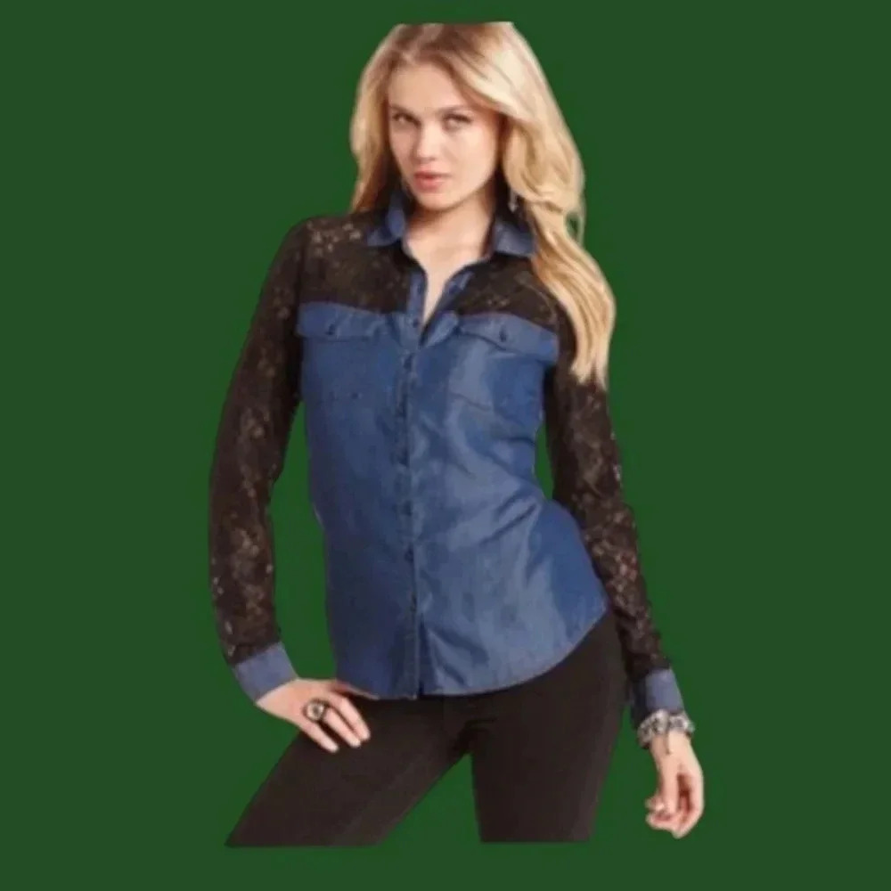 Guess lace & denim button up Small
